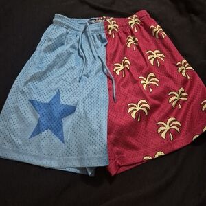 Blue and Red Two-Tone Shorts with Star and Palm Tree Design Size M